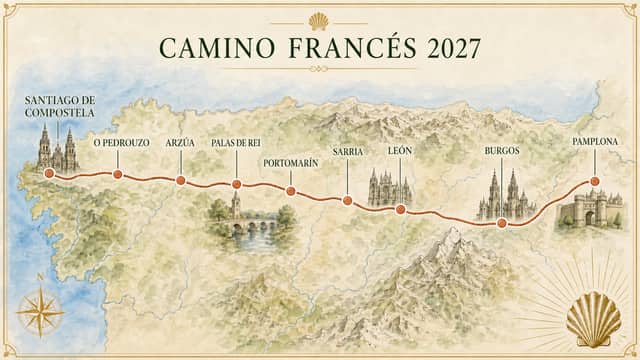 Mapa del Camino Francés 2027 desde Pamplona hasta Santiago de Compostela