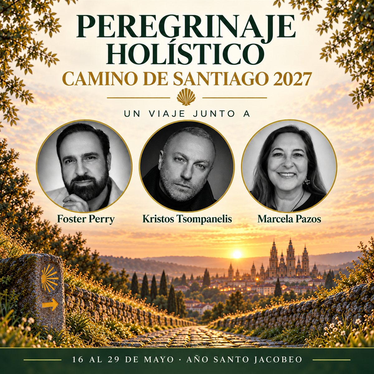 Peregrinaje holístico Camino de Santiago 2027 con Foster Perry, Kristos Tsompanelis y Marcela Pazos